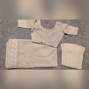 Cream Polka Dot Sari with Matching Blouse & Petticoat